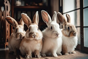 Wall Mural - a group of bunnies having fun at home. Generative AI