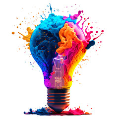 Wall Mural - a colorful glowing idea bulb lamp, isolated design element on transparent background, visualization of brainstorming, bright idea and creative thinking, generative ai