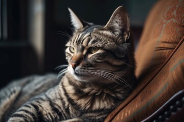 Canvas Print - A close up of a charming lethargic cat resting in a gray recliner. Portrait of a cat. Interior design and a nice environment with a cat. Generative AI