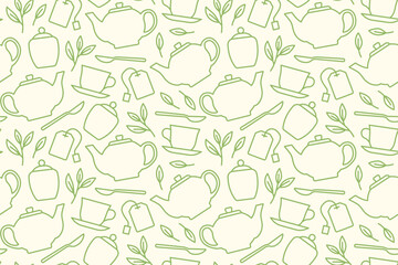 tea seamless pattern with teapot, cup, leaves, sugar bowl, spoon, bag icons  - vector illustration