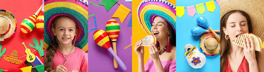 Collage of Mexican girls with sombrero, maracas, traditional food and decorations on colorful background