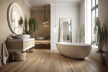 Poster - Elegant bathroom with white and beige walls, white basin with oval mirror, bathtub, shower, plants, and dark parquet floor. Top view minimalist comfortable bathroom with contemporary furnishings