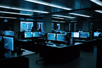 Poster - security room with computers and monitors, generative ai
