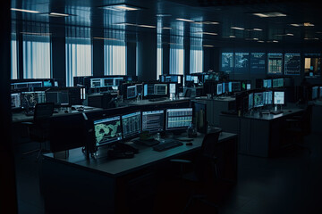 Poster - security room with computers and monitors. generative ai