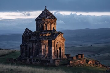 An important trade route along the Silk Road throughout the Middle Ages, Ani Harabeleri is a site of medieval cities. An ancient temple and church at dusk in Ani, Kars, Turkey. Generative AI