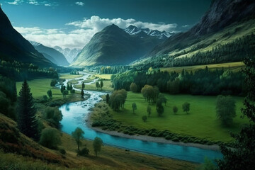 Canvas Print - Scenic view of green valley and blue river generative AI