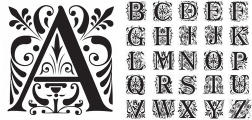 Vintage font. Medieval capital alphabet in floral ornament. Vector set letters.