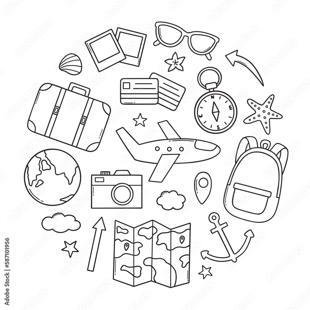 Travel doodle set. Summer vacation, tourism elements in sketch style ...