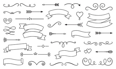 Wall Mural - Decorative elements doodle set. Boho arrows, ribbons, text dividers. Divider ornament, borders, lines. Hand drawn vector illustration isolated on white background
