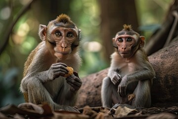 Canvas Print - Mother and infant monkeys find food in the wild. Generative AI