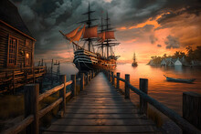 Pirate Port Overlooking Old Sailing Ship In Sea At Sunset, Generative AI