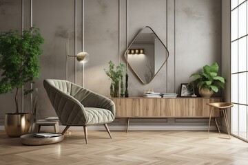 Canvas Print - Illustration of a living room in a fashionable modern home with a grey armchair and a shelf. Generative AI