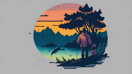 A dad fishing with son in a river with a sunset background back view. (Generative AI)