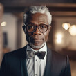 © Trinette Reed - Portrait of mature stylish well dressed Black man wearing glasses indoors.. Generative AI.