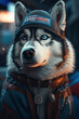 Adorable Character Design of a cool Husky Dog wearing a Winter Jacket and a cap, Outdoor in an icy surrounding, generative AI  