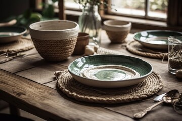 Sticker - Hardwood rustic dining table with white and green tableware. Jute. Scandinavian bohemian decor. Plan, top,. Generative AI