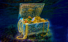 Treasures Jewels In A Casket Chest At The Bottom Of The Sea Underwater