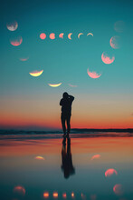 Silhouette Of Person Under Phases Of The Moon At Sunset