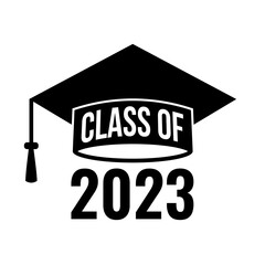 Wall Mural - Class of 2023 lettering on graduation cap. Congratulations to graduates typography poster. Vector template for greeting card, banner, label, sticker, invitation, etc