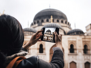 A Woman Taking a Photo of a Landmark on her Tablet | Generative AI