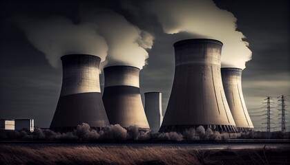 Cooling towers of nuclear power plant with cloudy sky in the background. Nuclear power station.
