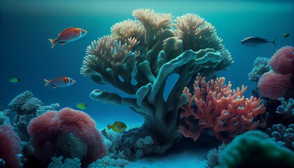 Wall Mural - Animals of the underwater sea world. Ecosystem. Colorful tropical fish. Life in the coral reef.