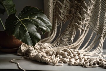 Poster - Gray background with macrame leaves. Crafting. Boho decor. Nordic apartment. Modern design. Beige weaving thread. Copies. Texture mockup. Generative AI