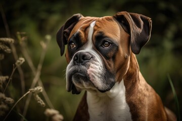 Canvas Print - A purebred brown and white Boxer dog portrait. Generative AI