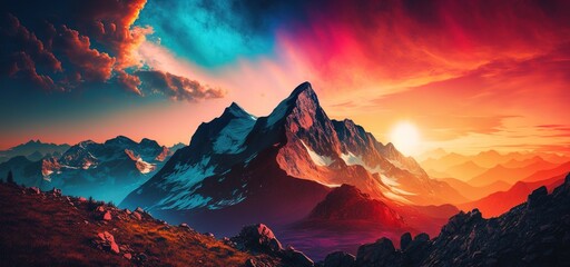 Stunning alpine scenery, set against a brilliant sunset and a beautiful sky. experiences in the outdoors as a matter of course Generative AI