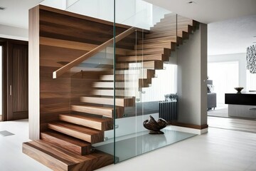 Wall Mural - a contemporary interior design element featuring glass fencing and wooden stairs. Generative ai.