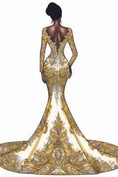 A bridal concept sketch with a beautiful African American bride. Generative AI.
