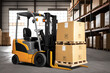 © VisualProduction - Forklift loads pallets and boxes in warehouse. generative ai.