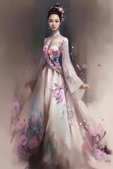 Wall Mural - A bridal concept sketch with a beautiful Asian bride. Generative AI. 