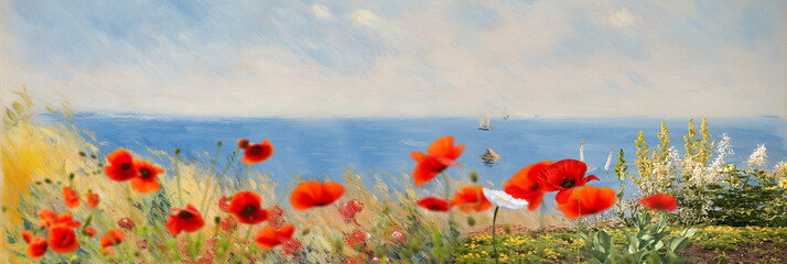 wild field  lavender and poppy flowers on horizon blue  sunny sky and sea ,nature landscape  ,colorful abstract art ,banner ,impressionism paint oil  art   abstract  banner