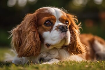 Sticker - jovial cavalier On a sunny, pleasant day, a King Charles spaniel is lying on the grass in a park. Generative AI