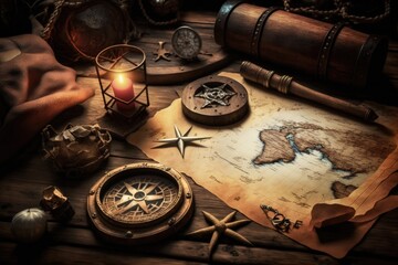 Background with a pirate treasure map, brown wooden table, and other series.Generative AI