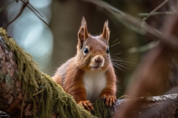 Poster - Red squirrel perched on a tree in a springtime park. Generative AI