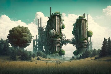 Wall Mural - Artificial Horizons: Exploring Technological Progress in a Verdant Landscape Generative AI