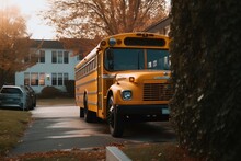 Yellow School Bus Parked In A Street. No People. Generative AI