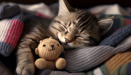 A kitten sleeping with a teddy bear. High quality photo
