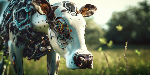 Wall Mural - amazing photography of a cyborg cow in the nature, futuristic, robot implants