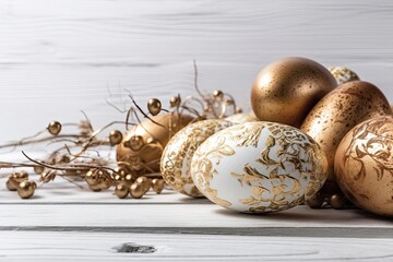 Poster - gold and white ornaments arranged on a table. Generative AI