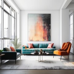 A beautiful sitting or living room in a city apartment with a large picture mock up that can be used as is or replaced with a different artwork. Generative AI. 