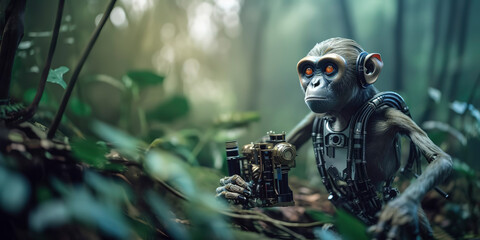 Wall Mural - amazing photography of a cyborg monkey in the jungle, jungle, futuristic, robot implants