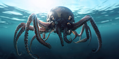 Wall Mural - amazing photography of a cyborg octopus in the ocean, sea, futuristic, robot implants