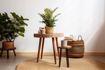 Poster - Interior with a potted house plant and a table with things. carpet covering a floor. Generative AI