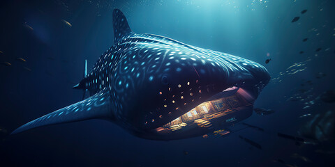 Wall Mural - amazing photography of a cyborg Whale in the ocean, sea, futuristic, robot implants