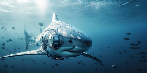 Wall Mural - amazing photography of a cyborg white shark in the ocean, sea, futuristic, robot implants