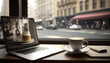 a laptop and a cup of coffee are on a table in front of a window. Generative Ai