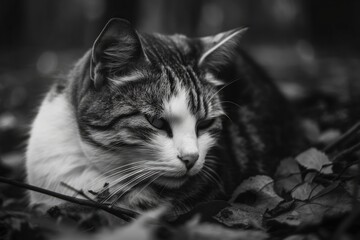 Wall Mural - Cat in black and white sleeping on the ground. Generative AI